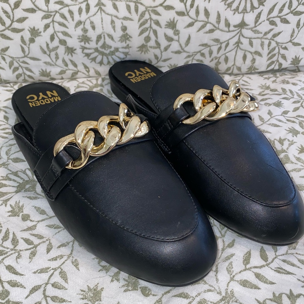 Madden NYC Black Loafers with Gold Chain